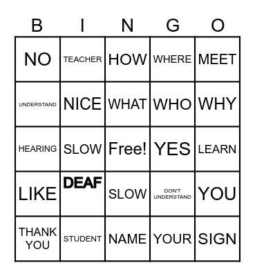 AMERICAN SIGN LANGUAGE BINGO Card