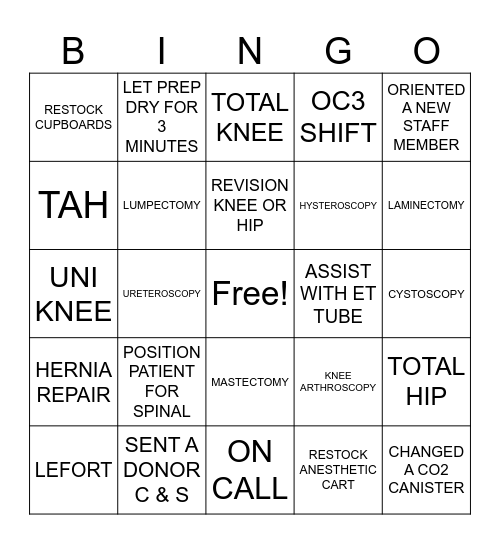 SCH OR BINGO - Name:____________ Bingo Card