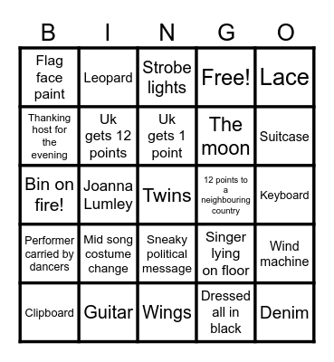 Eurovision 2024 Bingo Card