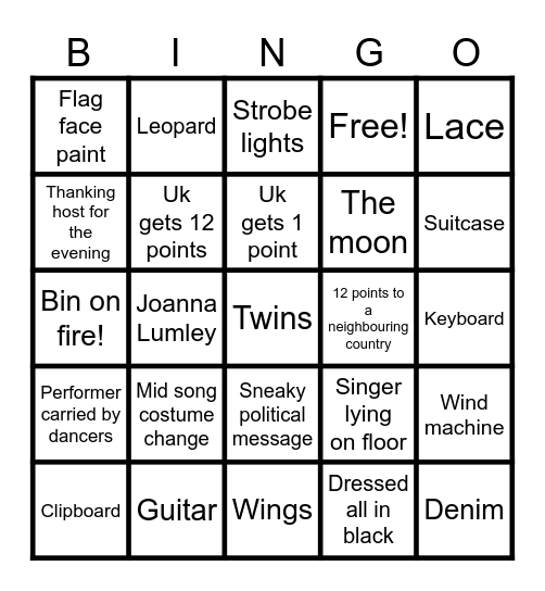 Eurovision 2024 Bingo Card