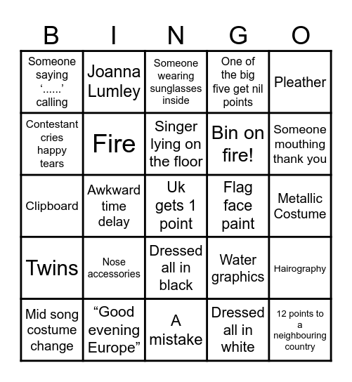 Eurovision 2024 Bingo Card