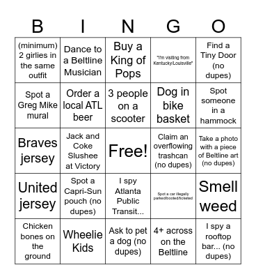 Shannon and Andrea's Excellent Beltline Crawl Bingo Card