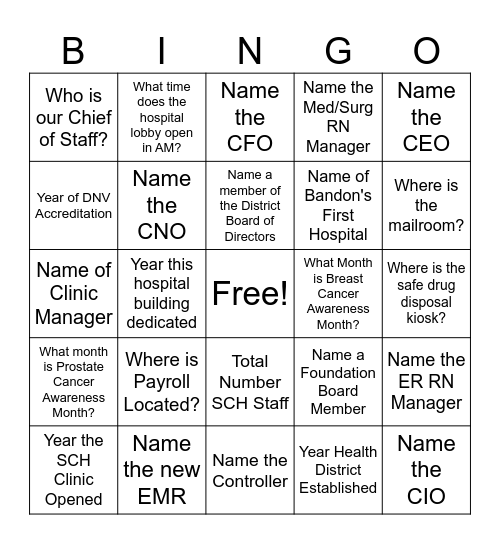 Hospital Week Bingo Card