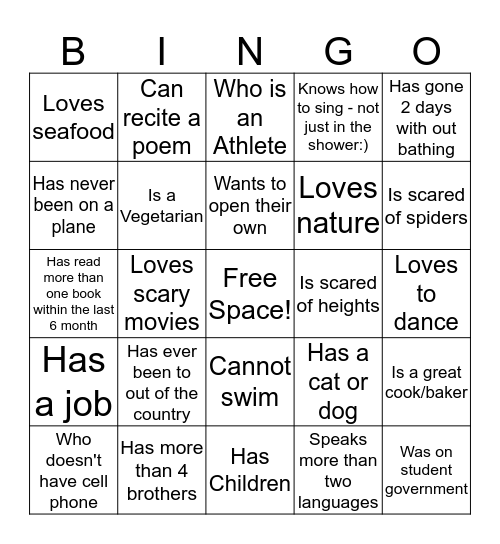 Human Bingo  Bingo Card