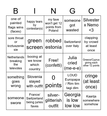 EUROVISION 2024 BINGO!!!<3 Bingo Card