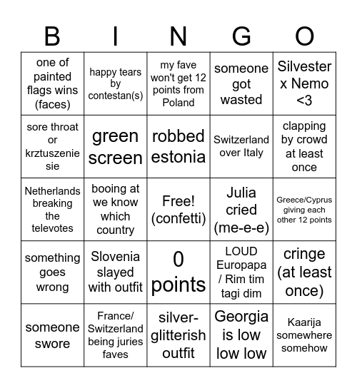 EUROVISION 2024 BINGO!!!<3 Bingo Card