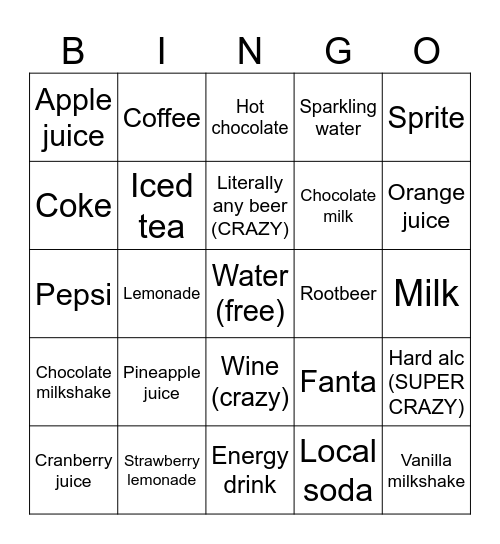Stuff Tate might drink at the bars in Portugal Bingo Card
