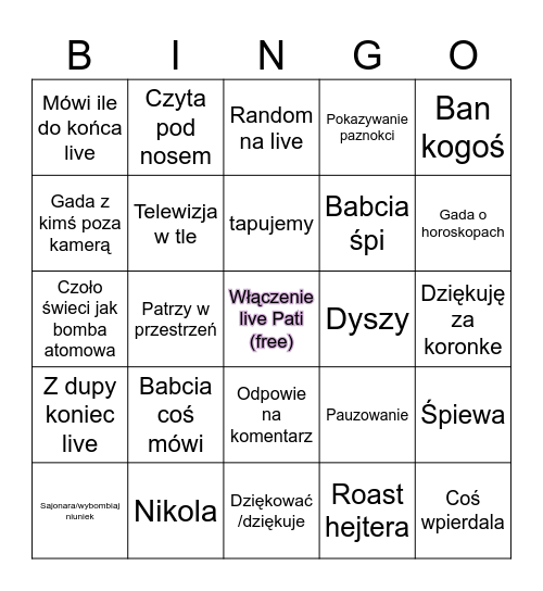 Pati live Bingo Card