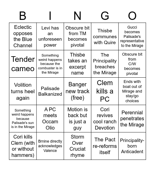 Palisade Finale Bingo Card