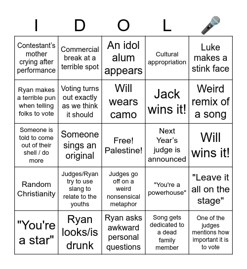 American Idol Bingo Card