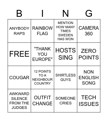 EUROVISION Bingo Card