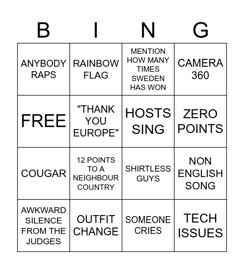 EUROVISION Bingo Card