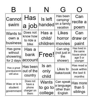Get to know me Bingo  Bingo Card