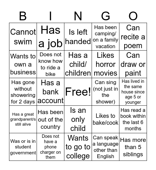 Get to know me Bingo  Bingo Card