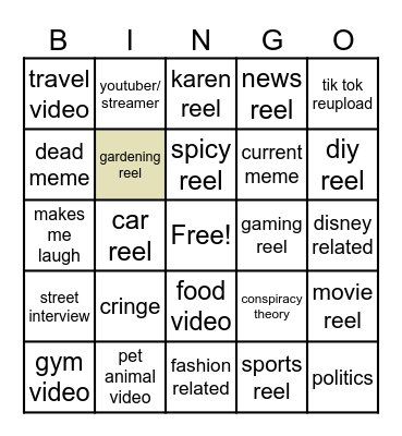 Instagram reel bingo Card