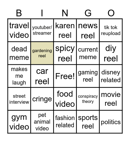 Instagram reel bingo Card