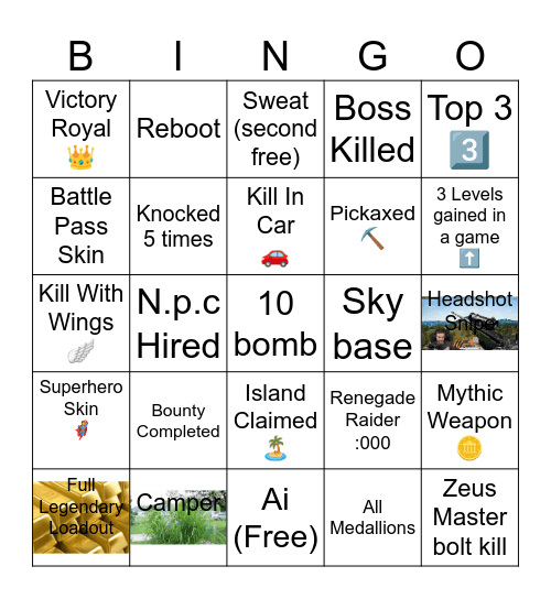 Fortnite Bingo (battle royal) Bingo Card