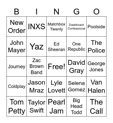 BMW Songs Bingo Card