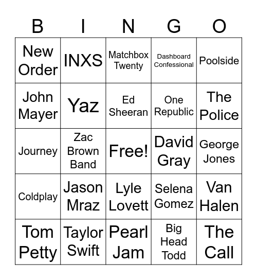 BMW Songs Bingo Card