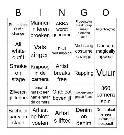 Eurovision 2024 Bingo Card