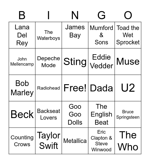 BMW Songs Bingo Card