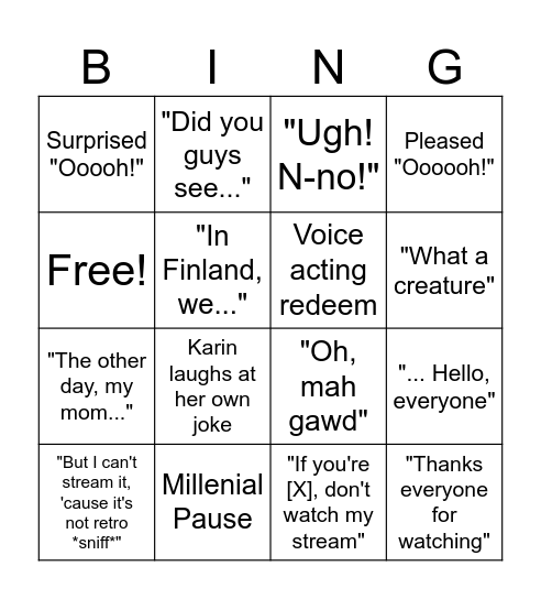 Karin Phrases Bingo Card