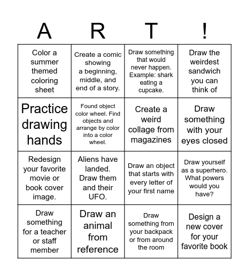 Art Final Project Bingo Card