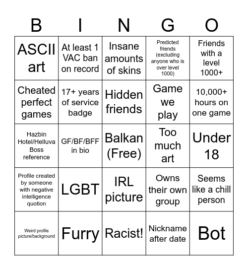 Steam Profile Bingo Card