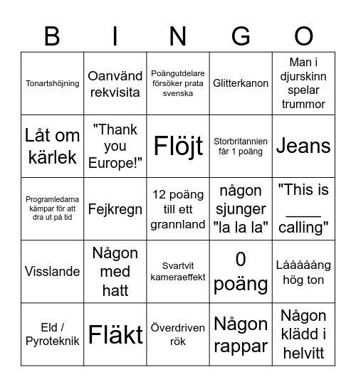 Eurovision 2024 Bingo Card