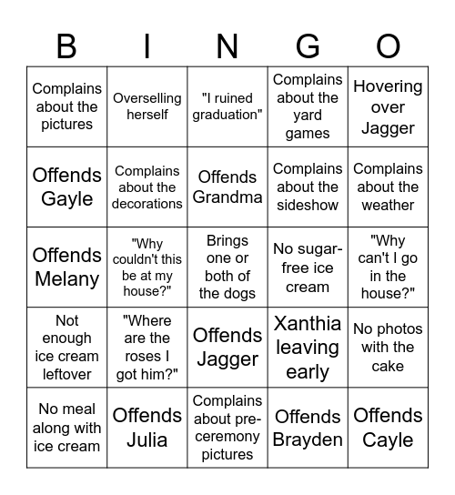 Jillian Bingo Card