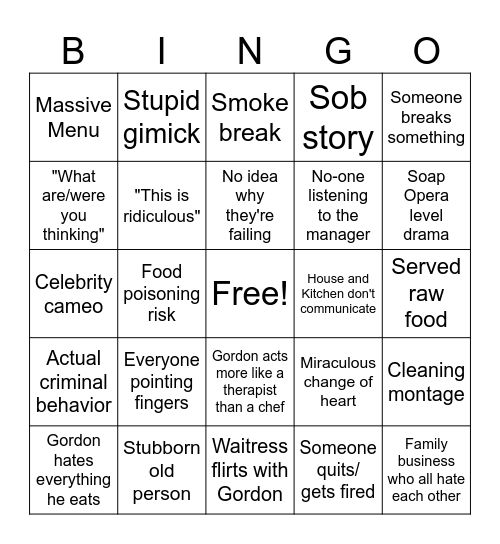 Kitchen Nightmares Bingo Card