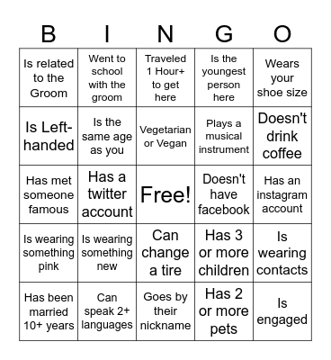 Bridal Shower Bingo Card