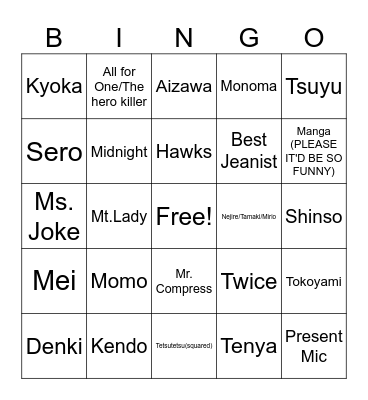 Fortnite MHA Skins (To Be Added) Bingo Card