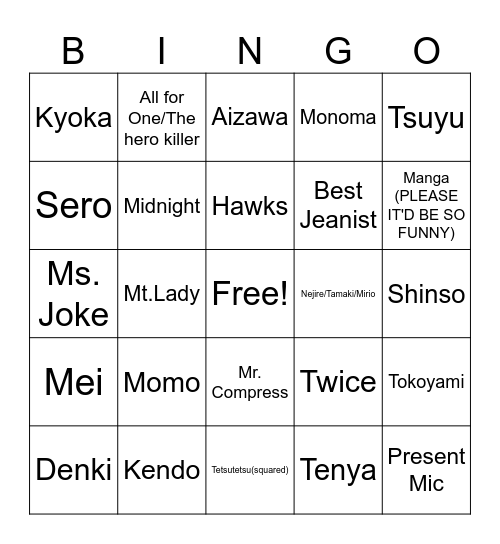 Fortnite MHA Skins (To Be Added) Bingo Card