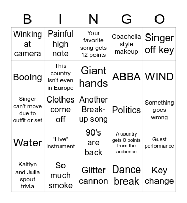 Eurovision Bingo Card