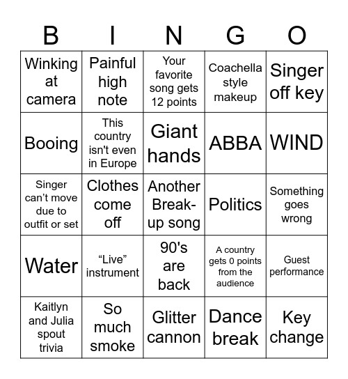 Eurovision Bingo Card