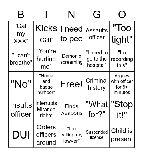 Body Cam Bingo Card