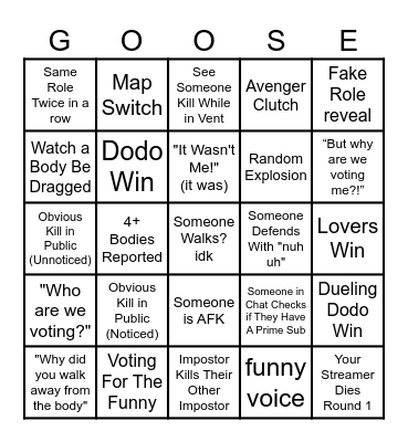 goose goose duck Bingo Card