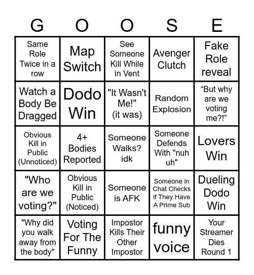 goose goose duck Bingo Card