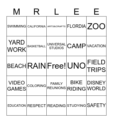 Carver Heights Summer Camp Bingo Card