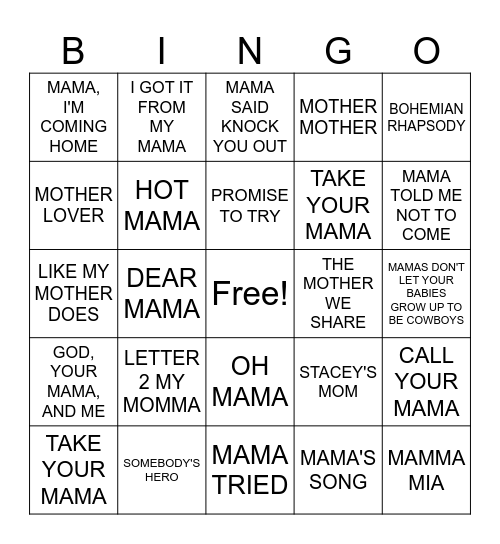 Round One: Shout Out To Moms! Bingo Card