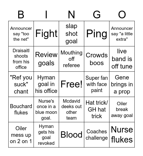 Oilers vs Canucks game 2 Bingo Card