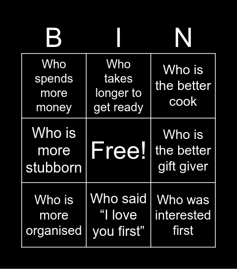 Couples bingo quiz Bingo Card