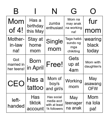 Zumbaholics United Mother's day Bingo! Bingo Card