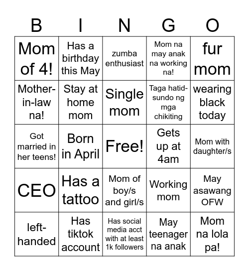 Zumbaholics United Mother's day Bingo! Bingo Card