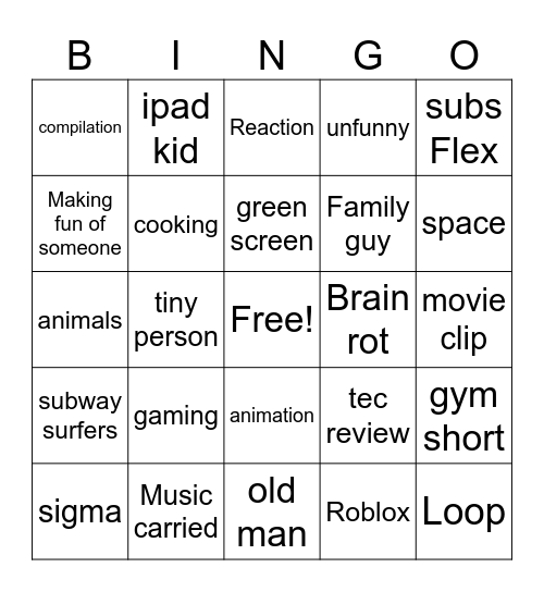 Shorts Bingo Card