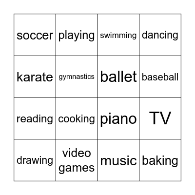 English Bingo Card