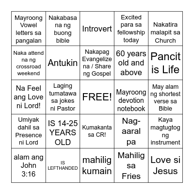 YOUTH FELLOWSHIP HUMAN BINGO Card