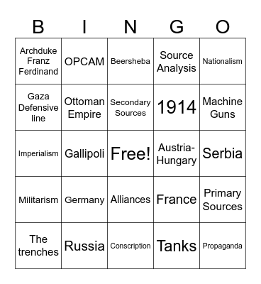 WW1 Bingo Card