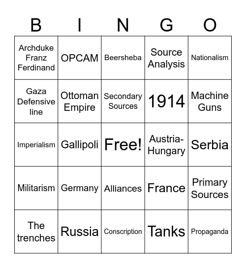 WW1 Bingo Card